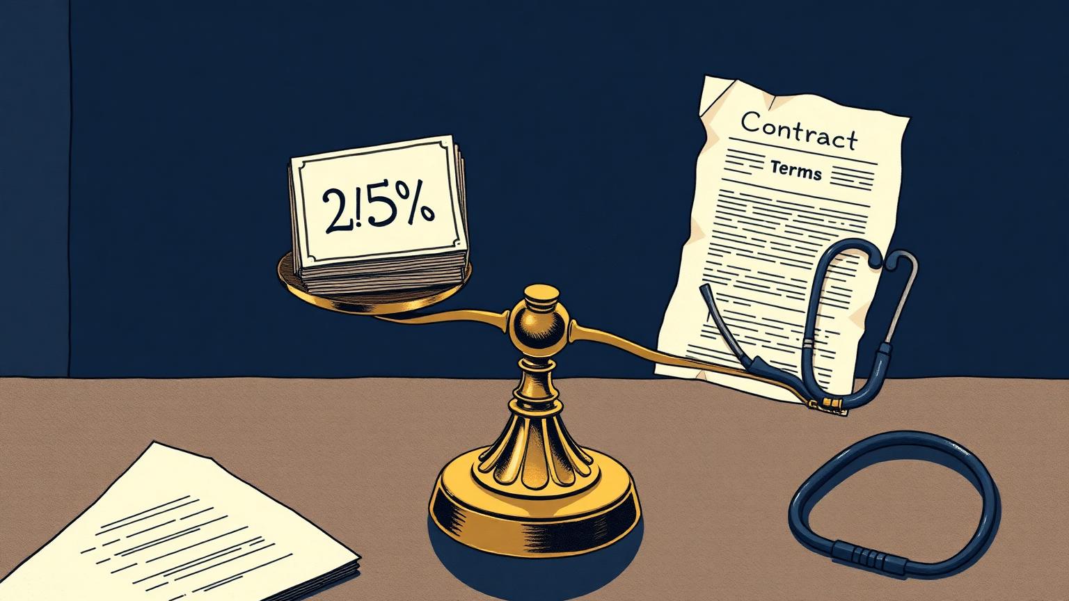 A balance scale weighing a stack of cash labeled 25% against a torn legal contract and stethoscope, illustrating California's proposed contingency fee cap.