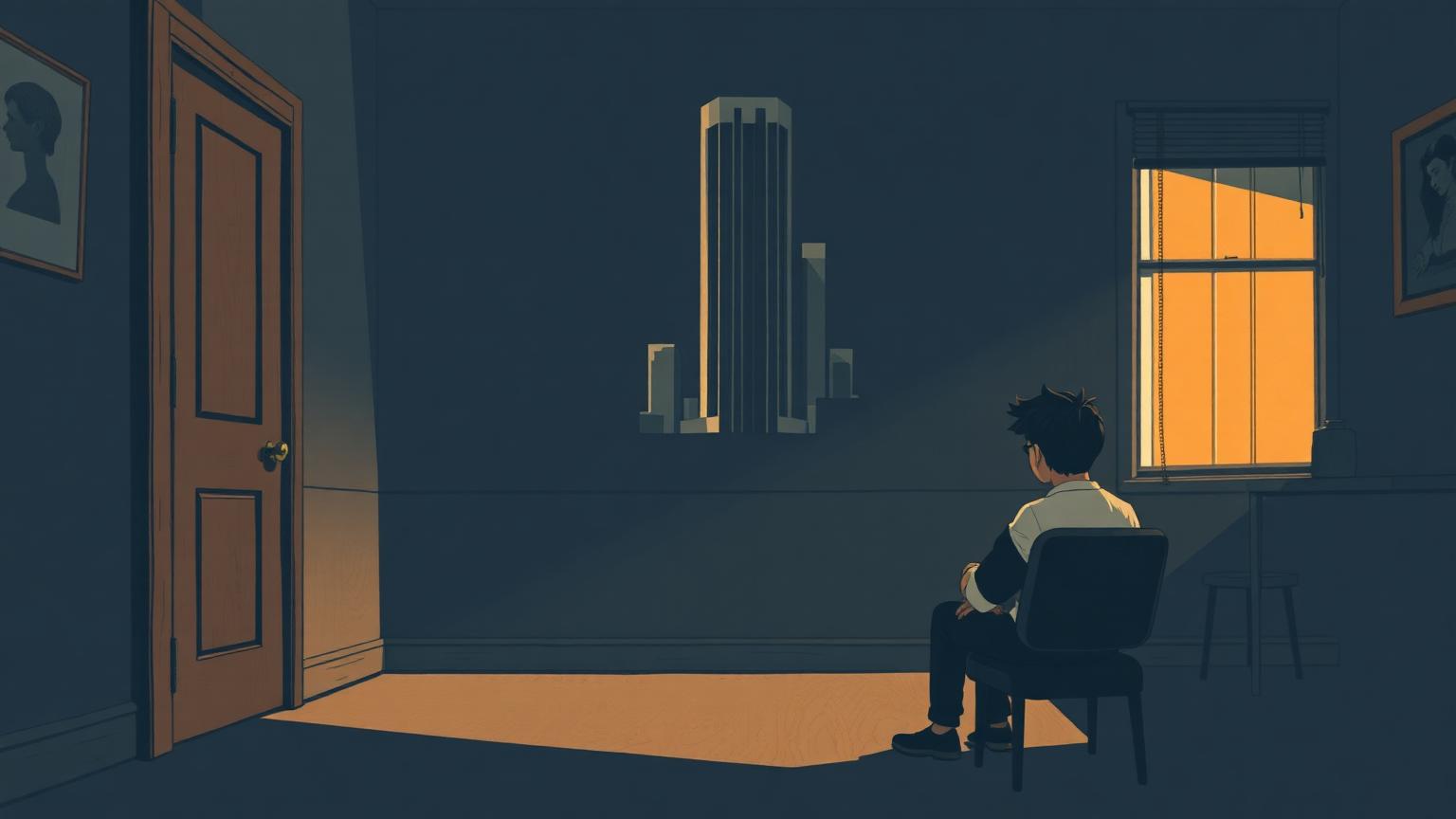An injured person in a sling sits alone in a dim law office waiting room, looking toward a closed office door, with a corporate skyscraper visible through a window — illustrating reduced access to personal injury counsel.