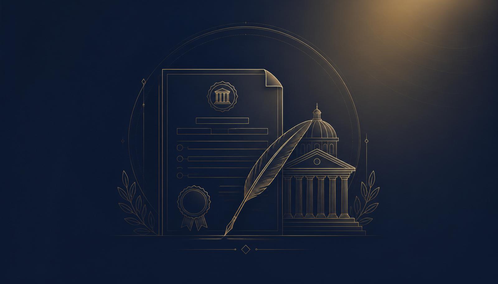 Navy and gold illustration of a California funeral complaint form, a quill pen, and a government building.