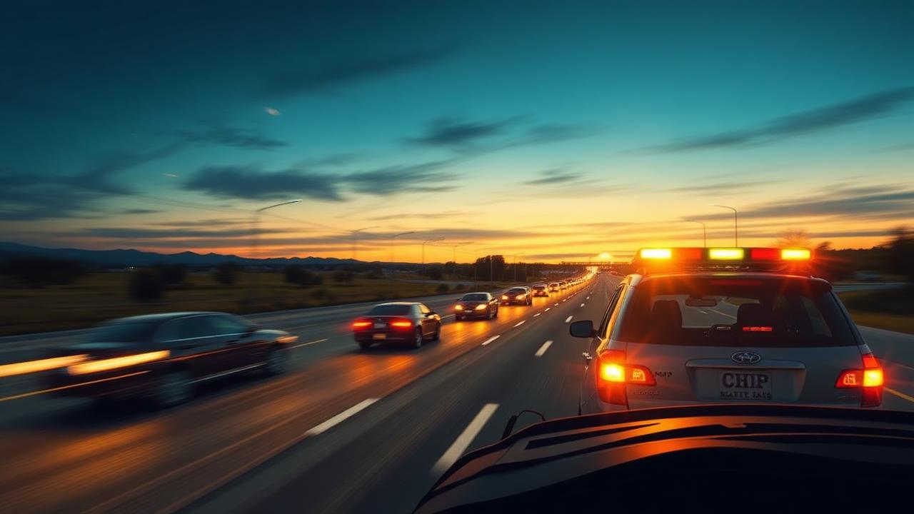 CHP patrol vehicle with flashing lights conducting a traffic stop on a California freeway at dusk as cars speed past