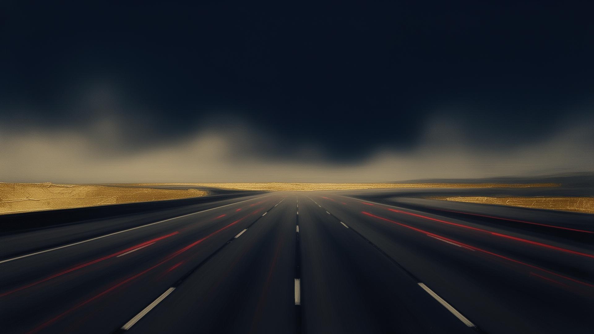 Dark, painterly nighttime view of an empty multi-lane California freeway with faint red taillight streaks and an antique-gold horizon — illustrating the risk of secondary collisions after a crash.