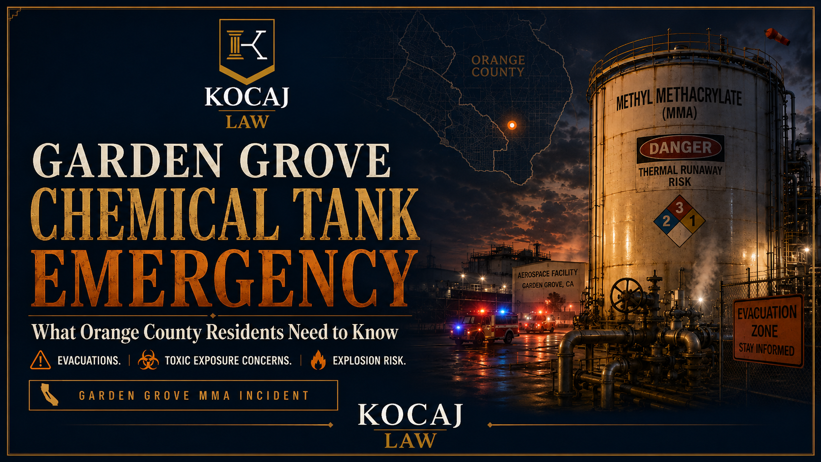 Garden Grove chemical tank emergency — methyl methacrylate (MMA) storage tank at an aerospace facility in Orange County, California