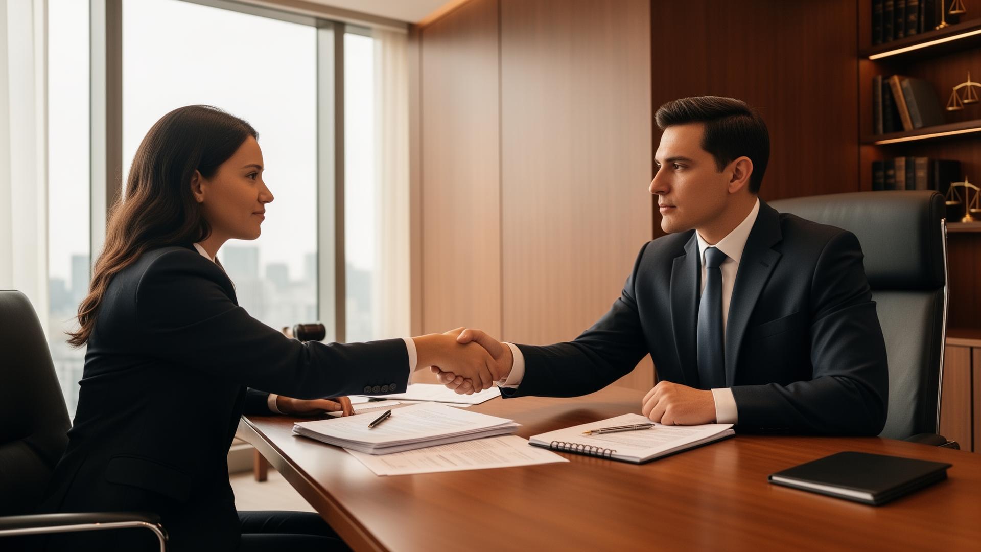 Client and attorney shaking hands across a desk during a car accident case consultation in a California law office