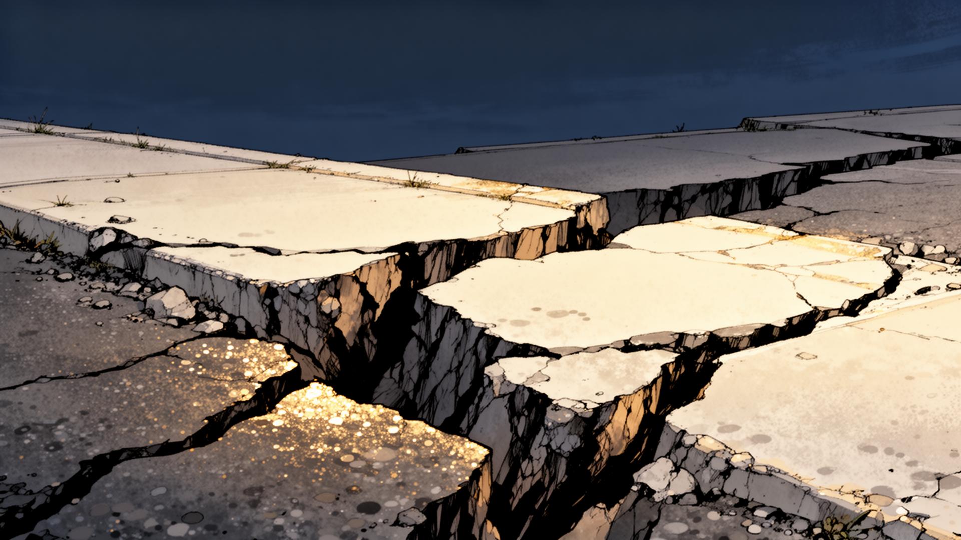 Editorial illustration of cracked, jagged, uplifted concrete sidewalk slabs and broken pavement at dusk — depicting the kind of dangerous public-roadway and sidewalk conditions that trigger California Government Tort Claims Act deadlines.