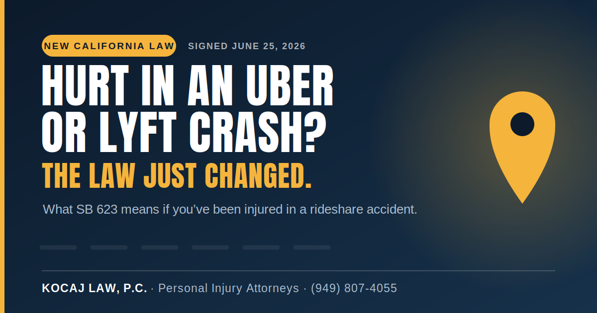 Hurt in an Uber or Lyft crash? The law just changed — what SB 623, signed June 25, 2026, means for rideshare accident victims in California.