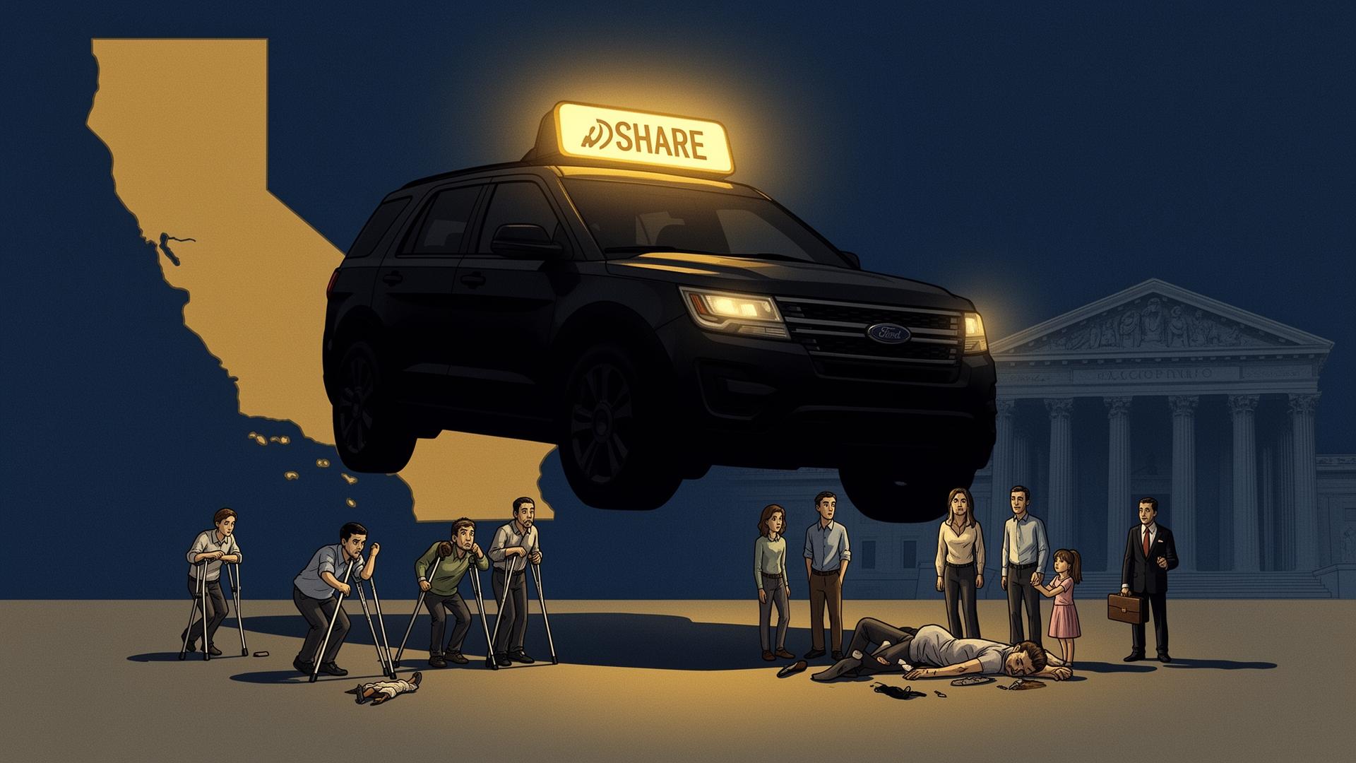 Illustration of a giant ride-share SUV looming over injured California accident victims outside a courthouse
