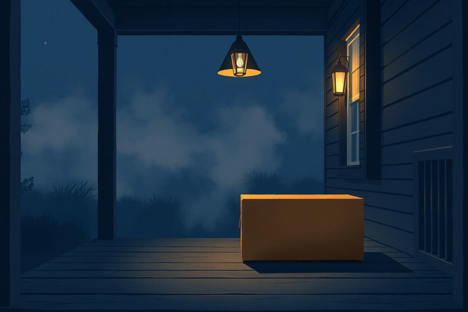 Editorial illustration in deep navy, ivory, and antique gold of a single cardboard parcel sitting alone on a softly lit wooden front porch at dusk — symbolizing a misdelivered package of cremated remains that never reached a grieving California family.
